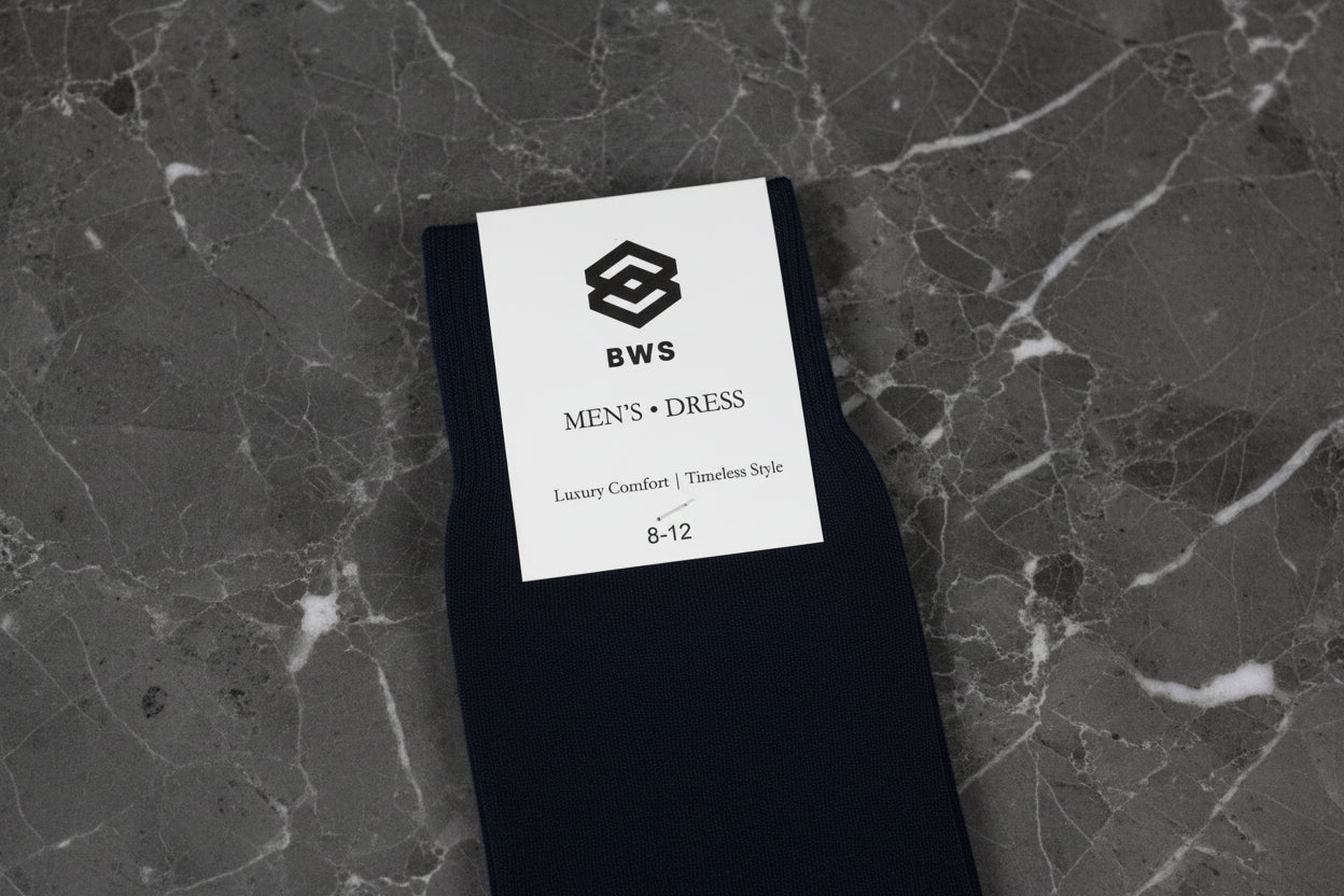 Merino Wool Men's Black dress socks with a label on a gray surface