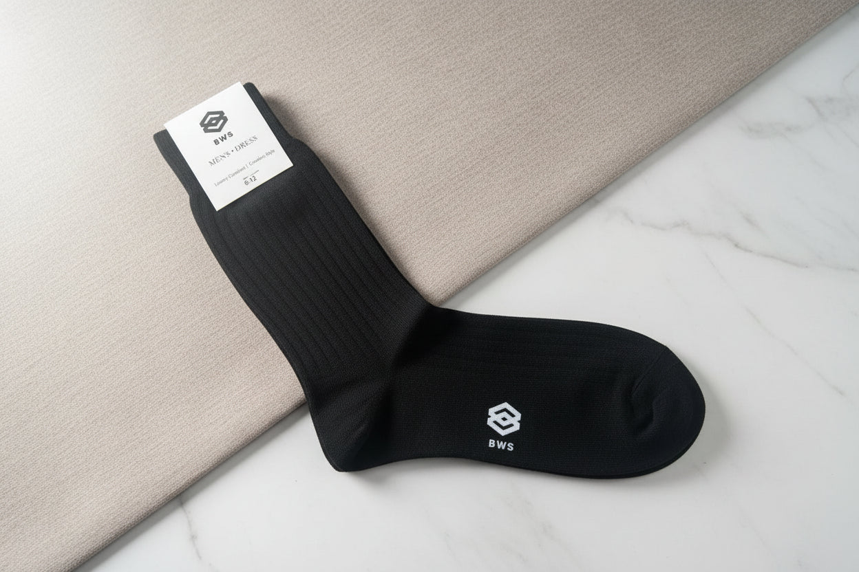 Best Black merino wool dress socks with a brand label on a light gray surface